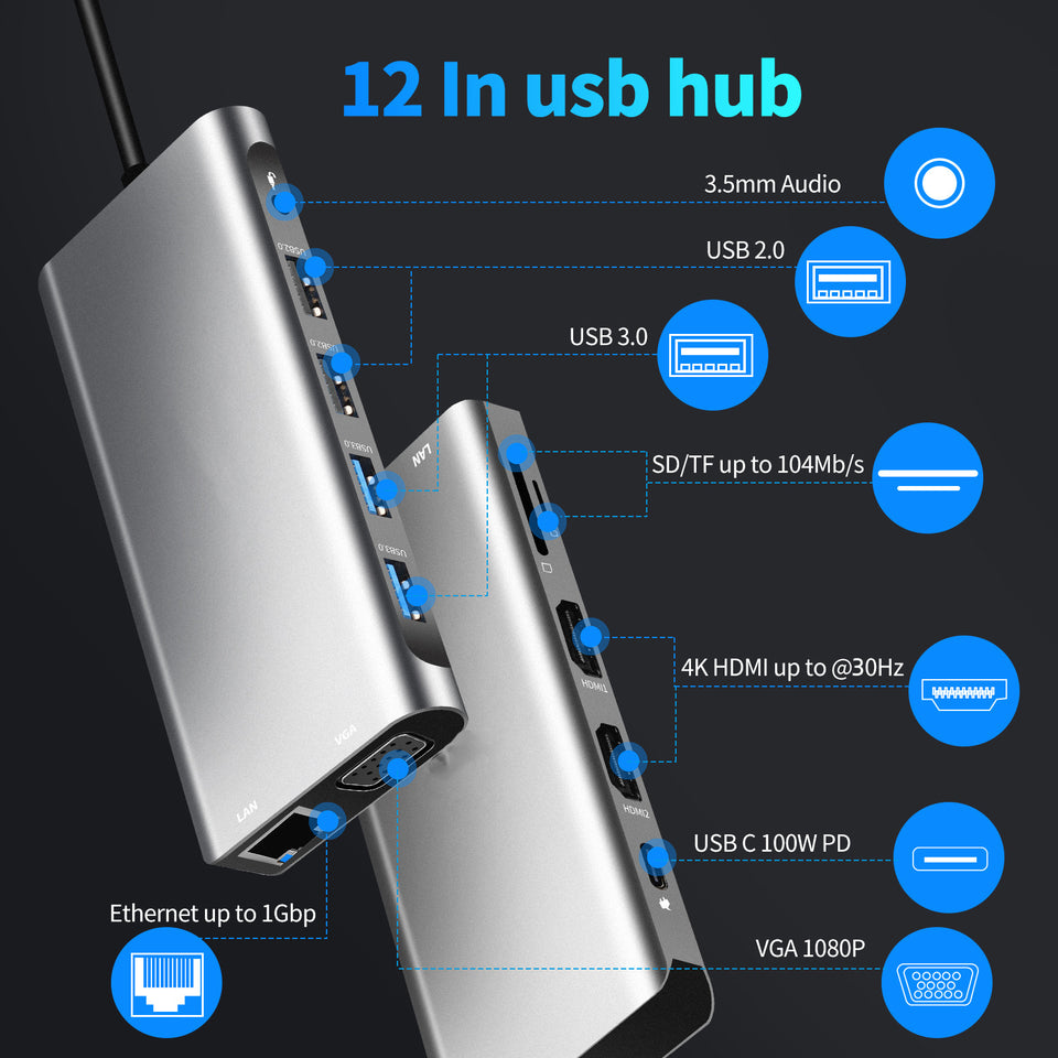 Base de conexión USB 12 en 1 para portátiles MacBook con convertidor USB HUB y HDMI duales, compatible con pantallas idénticas (tipo C).