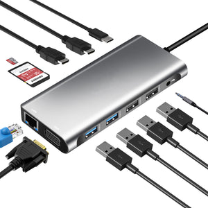 Base de conexión USB 12 en 1 para portátiles MacBook con convertidor USB HUB y HDMI duales, compatible con pantallas idénticas (tipo C).
